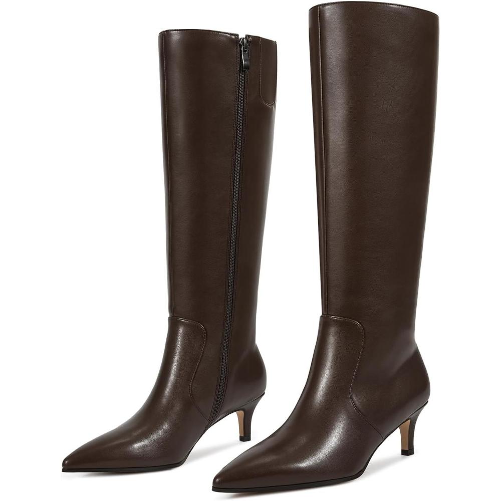 imagewetkiss Low Kitten Heel Women Knee High Boots Regular Calf Friendly Pointed Toe Faux Leather Comfortable Boots with ZipperChocolate Brown