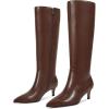 imagewetkiss Low Kitten Heel Women Knee High Boots Regular Calf Friendly Pointed Toe Faux Leather Comfortable Boots with ZipperBrown