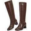 imagewetkiss Low Heel Knee High Boots for Women Regular Calf Friendly Side Zipper Almond Toe Faux Leather Comfortable Boots for Walking Dancing Standing for Long Periods With No PainBrown