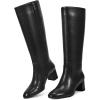 imagewetkiss Low Heel Knee High Boots for Women Regular Calf Friendly Side Zipper Almond Toe Faux Leather Comfortable Boots for Walking Dancing Standing for Long Periods With No PainBlack