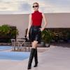 imagewetkiss Low Kitten Heel Women Knee High Boots Regular Calf Friendly Pointed Toe Faux Leather Comfortable Boots with ZipperBlack