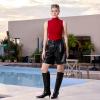 imagewetkiss Low Kitten Heel Women Knee High Boots Regular Calf Friendly Pointed Toe Faux Leather Comfortable Boots with ZipperBlack