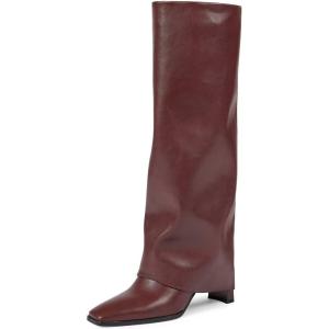 imagewetkiss Knee High Boots Women Fold Over Square Toe Chunky Heel with Half Zipper Long Knee High Dress Tall Boots for Women Fashion Party Wedding DailyCharm Burgundyflod Over Boots