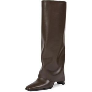 imagewetkiss Knee High Boots Women Fold Over Square Toe Chunky Heel with Half Zipper Long Knee High Dress Tall Boots for Women Fashion Party Wedding DailyHot Chocolate Brownflod Over Boots