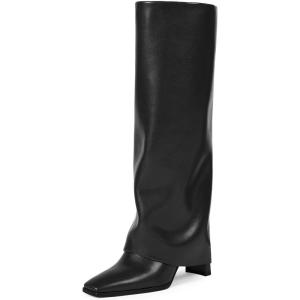 imagewetkiss Knee High Boots Women Fold Over Square Toe Chunky Heel with Half Zipper Long Knee High Dress Tall Boots for Women Fashion Party Wedding DailyVersatile Blackflod Over Boots