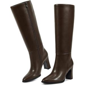 imagewetkiss Knee High Boots for Women Chunky Block Heeled Boots with Full Side Zipper Almond Toe Mid Heel Long Boot Womens Fall Winter Boot for Party Date Prom FestivalChocolate Brown