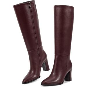 imagewetkiss Knee High Boots for Women Chunky Block Heeled Boots with Full Side Zipper Almond Toe Mid Heel Long Boot Womens Fall Winter Boot for Party Date Prom FestivalMatte Burgundy