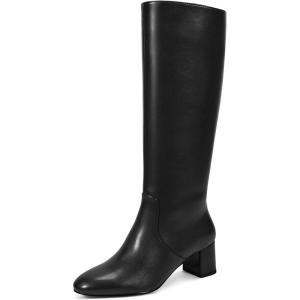 imagewetkiss Low Heel Knee High Boots for Women Regular Calf Friendly Side Zipper Almond Toe Faux Leather Comfortable Boots for Walking Dancing Standing for Long Periods With No PainBlack