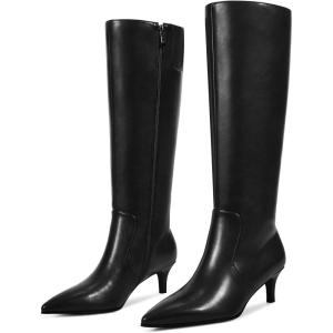 imagewetkiss Low Kitten Heel Women Knee High Boots Regular Calf Friendly Pointed Toe Faux Leather Comfortable Boots with ZipperBlack