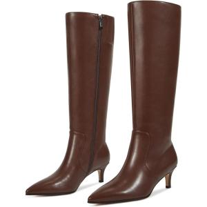 imagewetkiss Low Kitten Heel Women Knee High Boots Regular Calf Friendly Pointed Toe Faux Leather Comfortable Boots with ZipperBrown