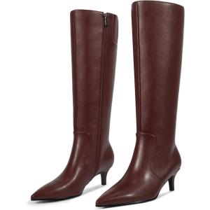 imagewetkiss Low Kitten Heel Women Knee High Boots Regular Calf Friendly Pointed Toe Faux Leather Comfortable Boots with ZipperBurgundy