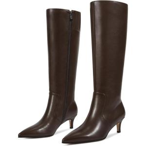 imagewetkiss Low Kitten Heel Women Knee High Boots Regular Calf Friendly Pointed Toe Faux Leather Comfortable Boots with ZipperChocolate Brown