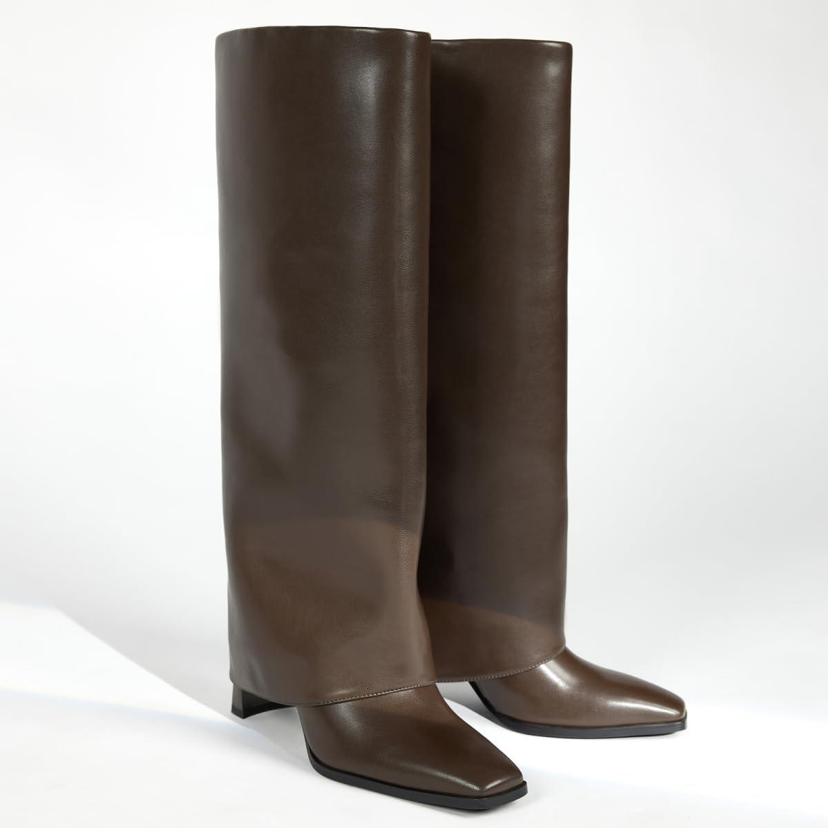 imagewetkiss Knee High Boots Women Fold Over Square Toe Chunky Heel with Half Zipper Long Knee High Dress Tall Boots for Women Fashion Party Wedding DailyHot Chocolate Brownflod Over Boots