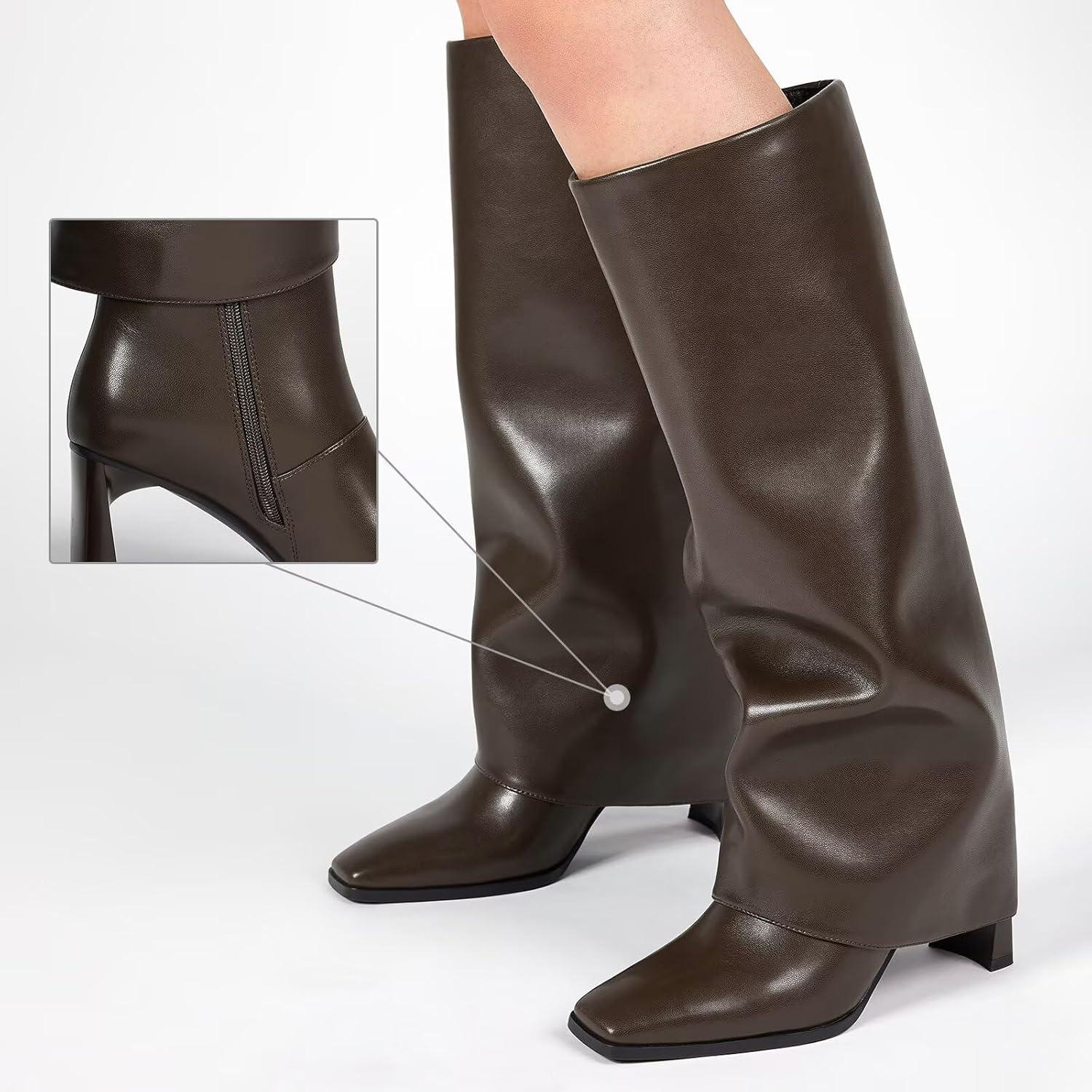 imagewetkiss Knee High Boots Women Fold Over Square Toe Chunky Heel with Half Zipper Long Knee High Dress Tall Boots for Women Fashion Party Wedding DailyHot Chocolate Brownflod Over Boots