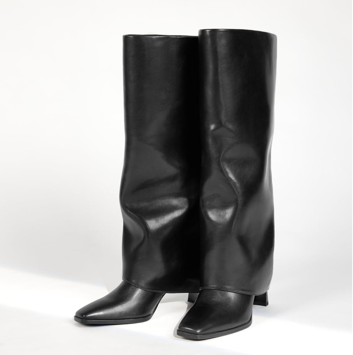 imagewetkiss Knee High Boots Women Fold Over Square Toe Chunky Heel with Half Zipper Long Knee High Dress Tall Boots for Women Fashion Party Wedding DailyVersatile Blackflod Over Boots