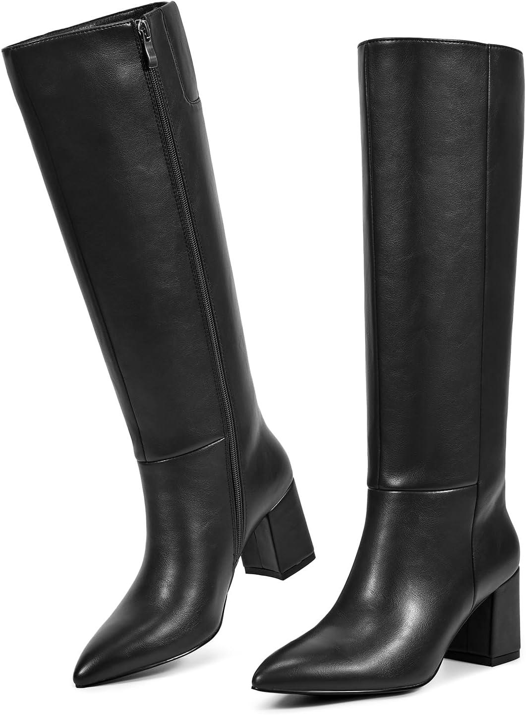 imagewetkiss Knee High Boots Women Pointed Toe Chunky Block Heel Boots with Side Zipper Dress Fashion Fall Long Tall BootBlack