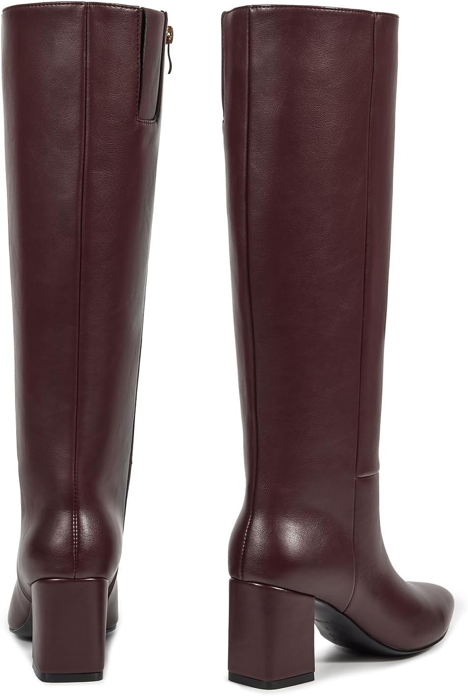 imagewetkiss Knee High Boots Women Pointed Toe Chunky Block Heel Boots with Side Zipper Dress Fashion Fall Long Tall BootBurgundy