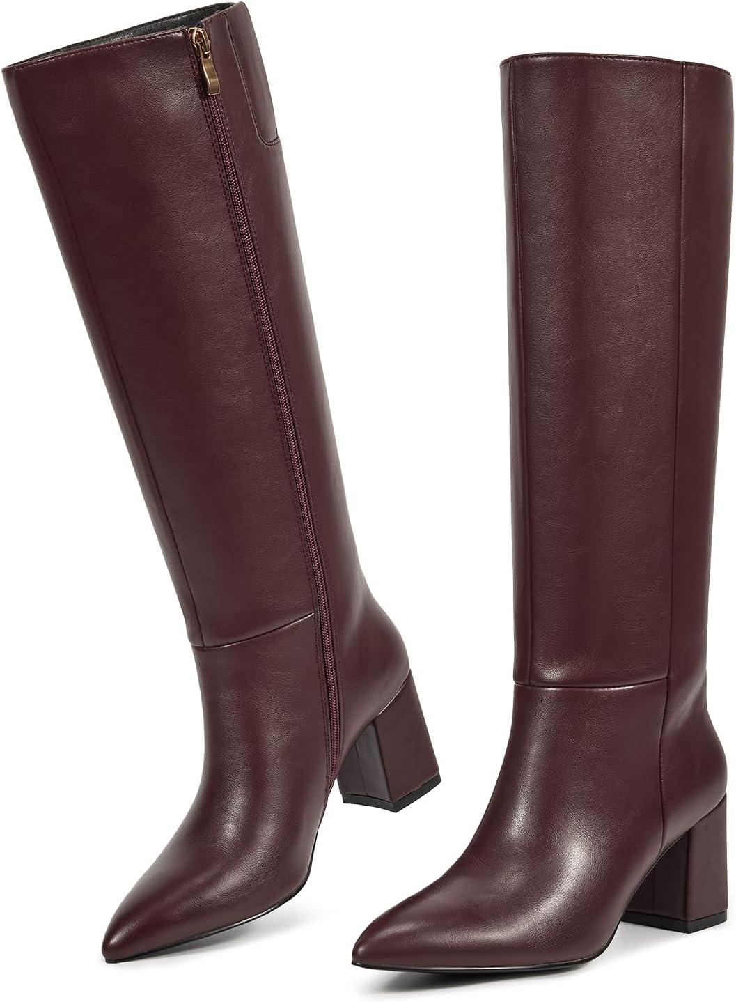 imagewetkiss Knee High Boots Women Pointed Toe Chunky Block Heel Boots with Side Zipper Dress Fashion Fall Long Tall BootBurgundy