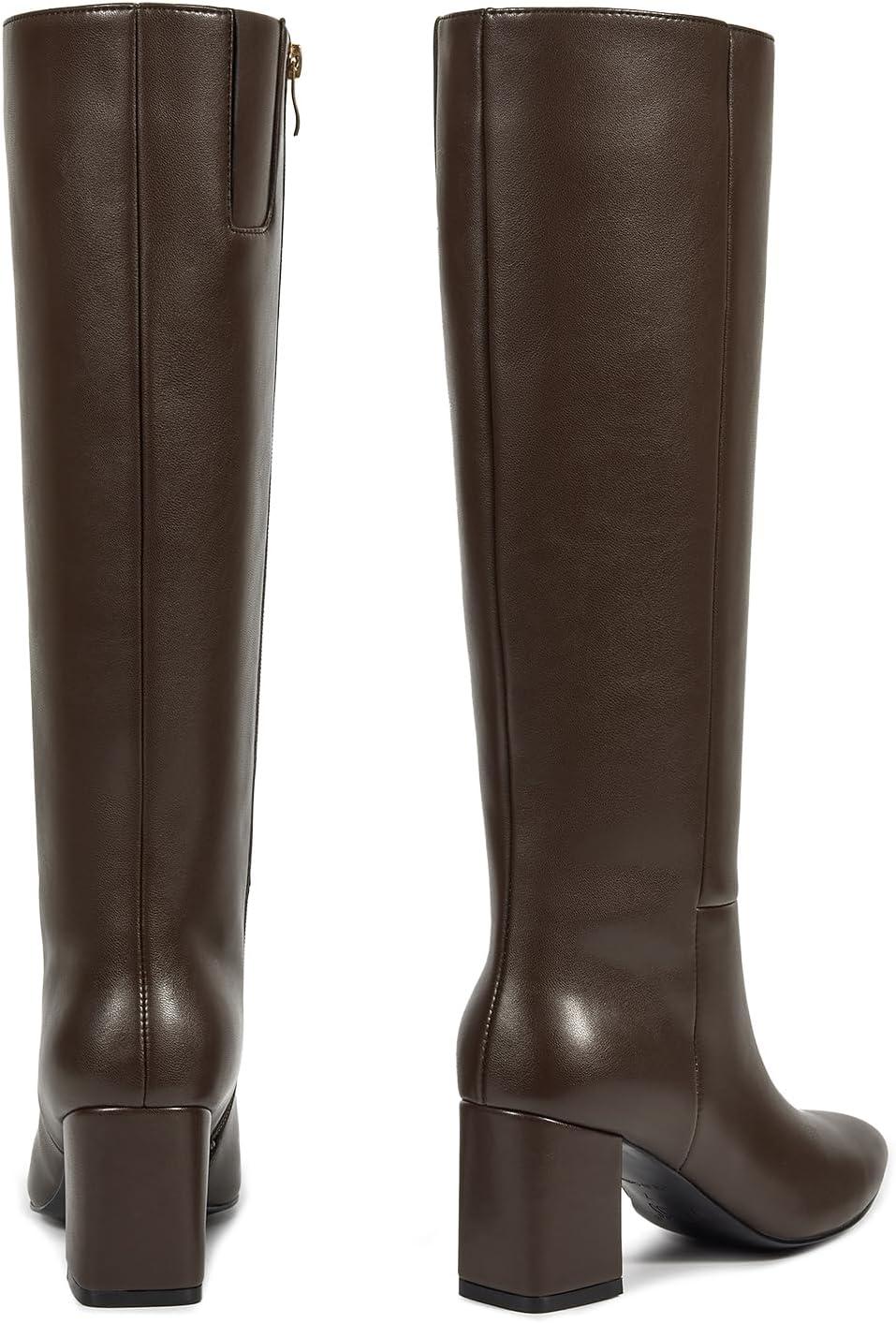 imagewetkiss Knee High Boots Women Pointed Toe Chunky Block Heel Boots with Side Zipper Dress Fashion Fall Long Tall BootChocolate Brown