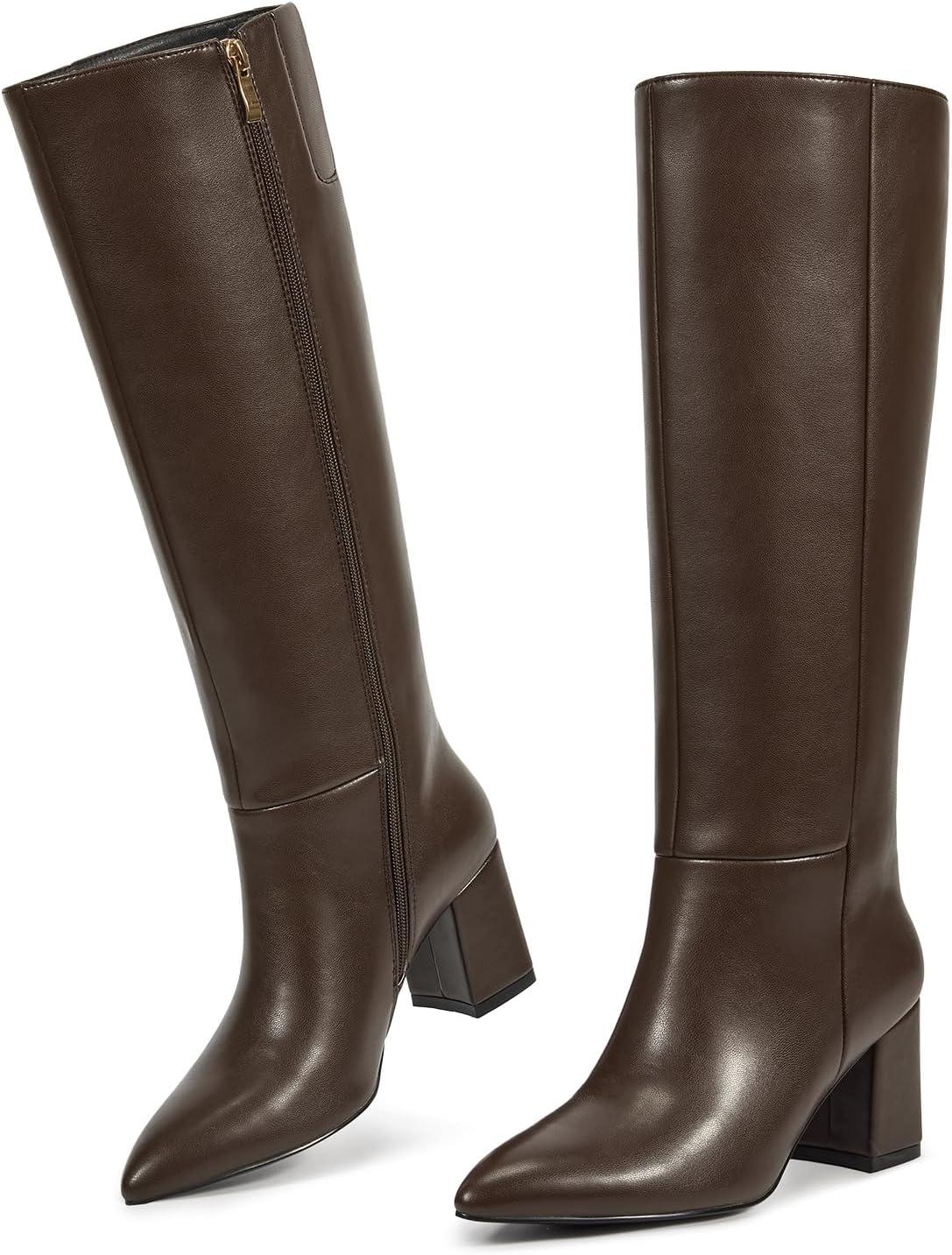 imagewetkiss Knee High Boots Women Pointed Toe Chunky Block Heel Boots with Side Zipper Dress Fashion Fall Long Tall BootChocolate Brown