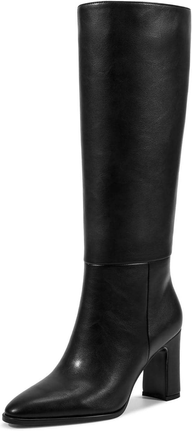 imagewetkiss Knee High Boots for Women Chunky Block Heeled Boots with Full Side Zipper Almond Toe Mid Heel Long Boot Womens Fall Winter Boot for Party Date Prom FestivalMatte Black