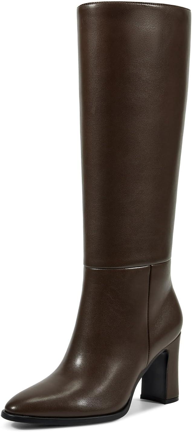imagewetkiss Knee High Boots for Women Chunky Block Heeled Boots with Full Side Zipper Almond Toe Mid Heel Long Boot Womens Fall Winter Boot for Party Date Prom FestivalChocolate Brown
