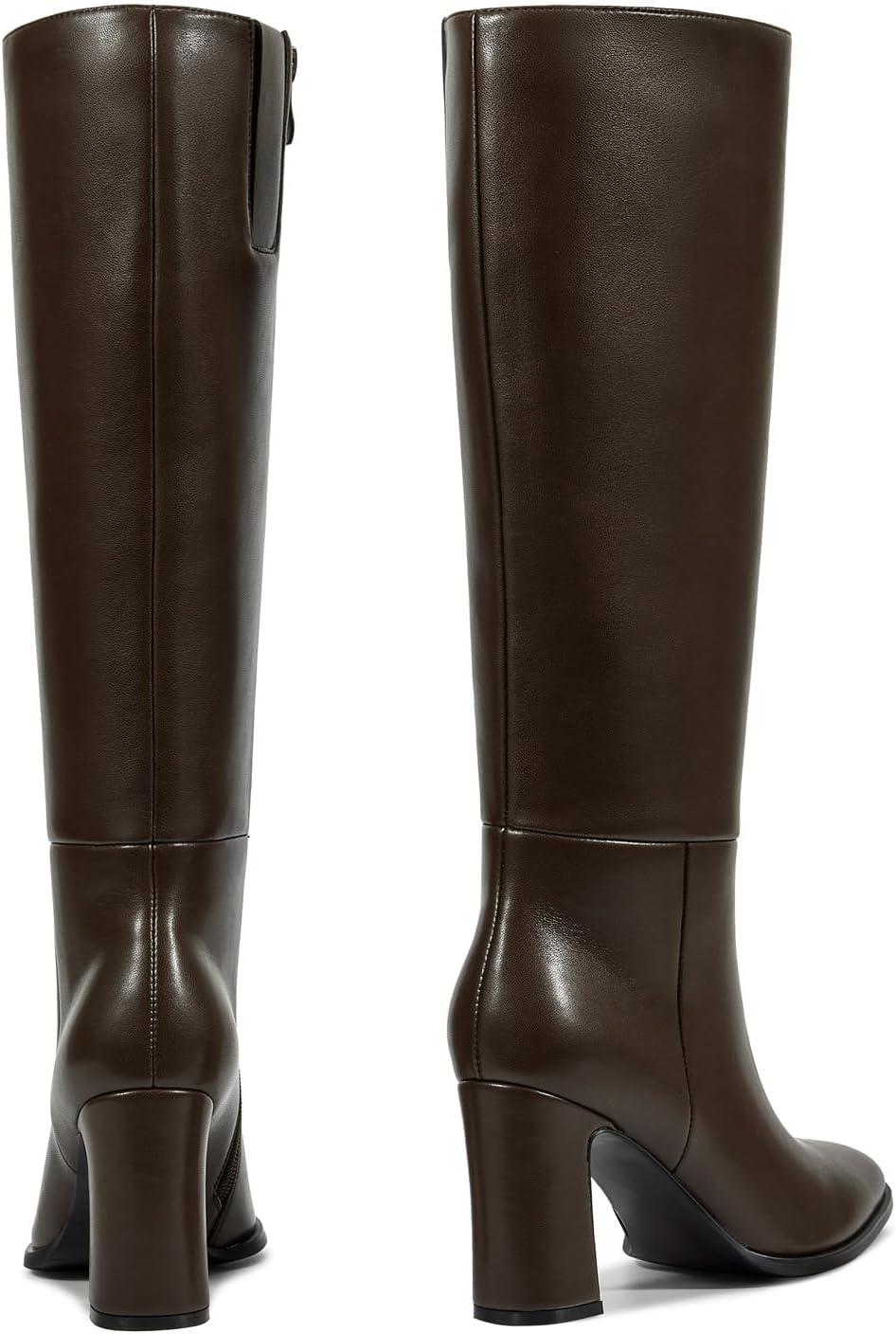 imagewetkiss Knee High Boots for Women Chunky Block Heeled Boots with Full Side Zipper Almond Toe Mid Heel Long Boot Womens Fall Winter Boot for Party Date Prom FestivalChocolate Brown