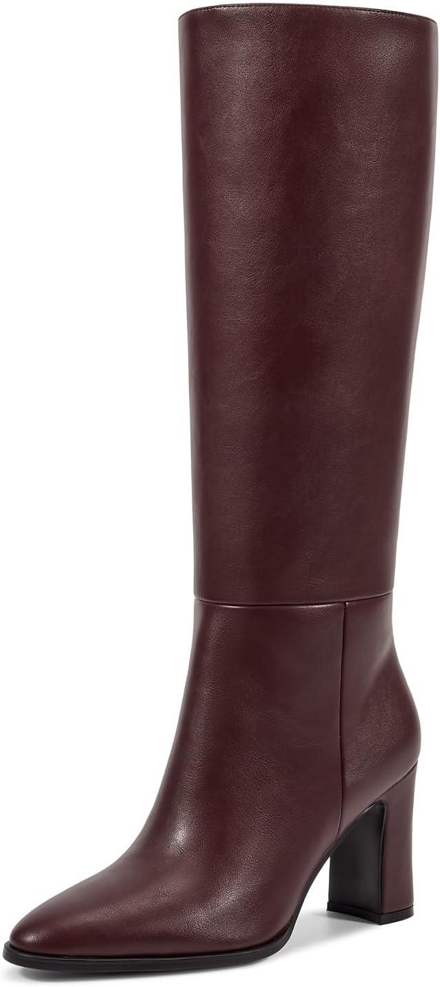 imagewetkiss Knee High Boots for Women Chunky Block Heeled Boots with Full Side Zipper Almond Toe Mid Heel Long Boot Womens Fall Winter Boot for Party Date Prom FestivalMatte Burgundy