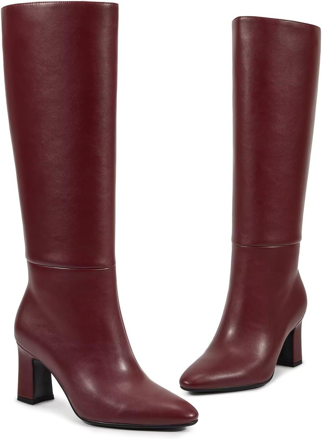 imagewetkiss Knee High Boots for Women Chunky Heel Round Toe Long Boots with Side Zipper and Elastic Band Design Almond Toe Dress Tall Boots Fashion Party Wedding DailyRed