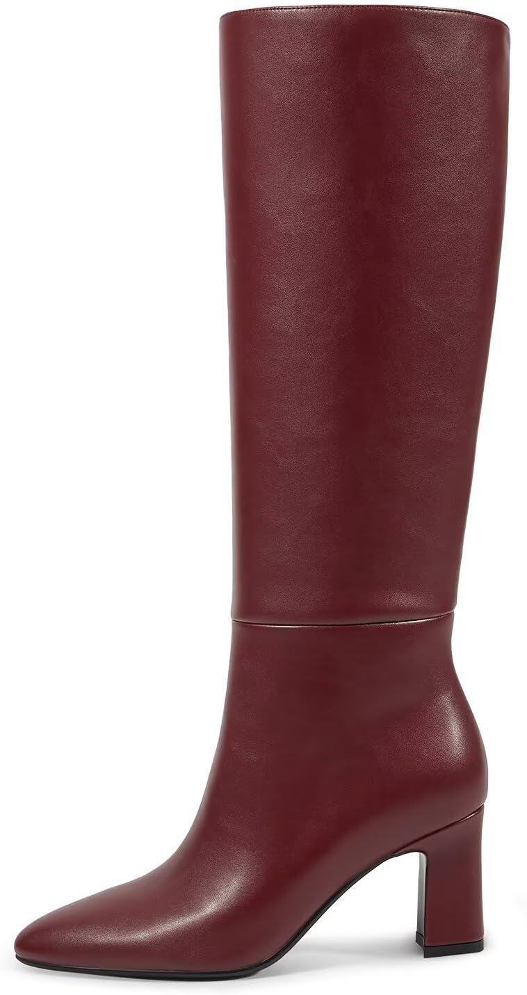 imagewetkiss Knee High Boots for Women Chunky Heel Round Toe Long Boots with Side Zipper and Elastic Band Design Almond Toe Dress Tall Boots Fashion Party Wedding DailyRed