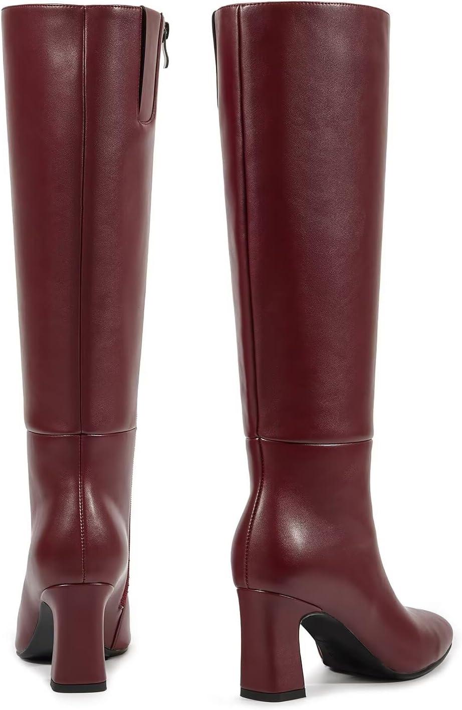 imagewetkiss Knee High Boots for Women Chunky Heel Round Toe Long Boots with Side Zipper and Elastic Band Design Almond Toe Dress Tall Boots Fashion Party Wedding DailyRed
