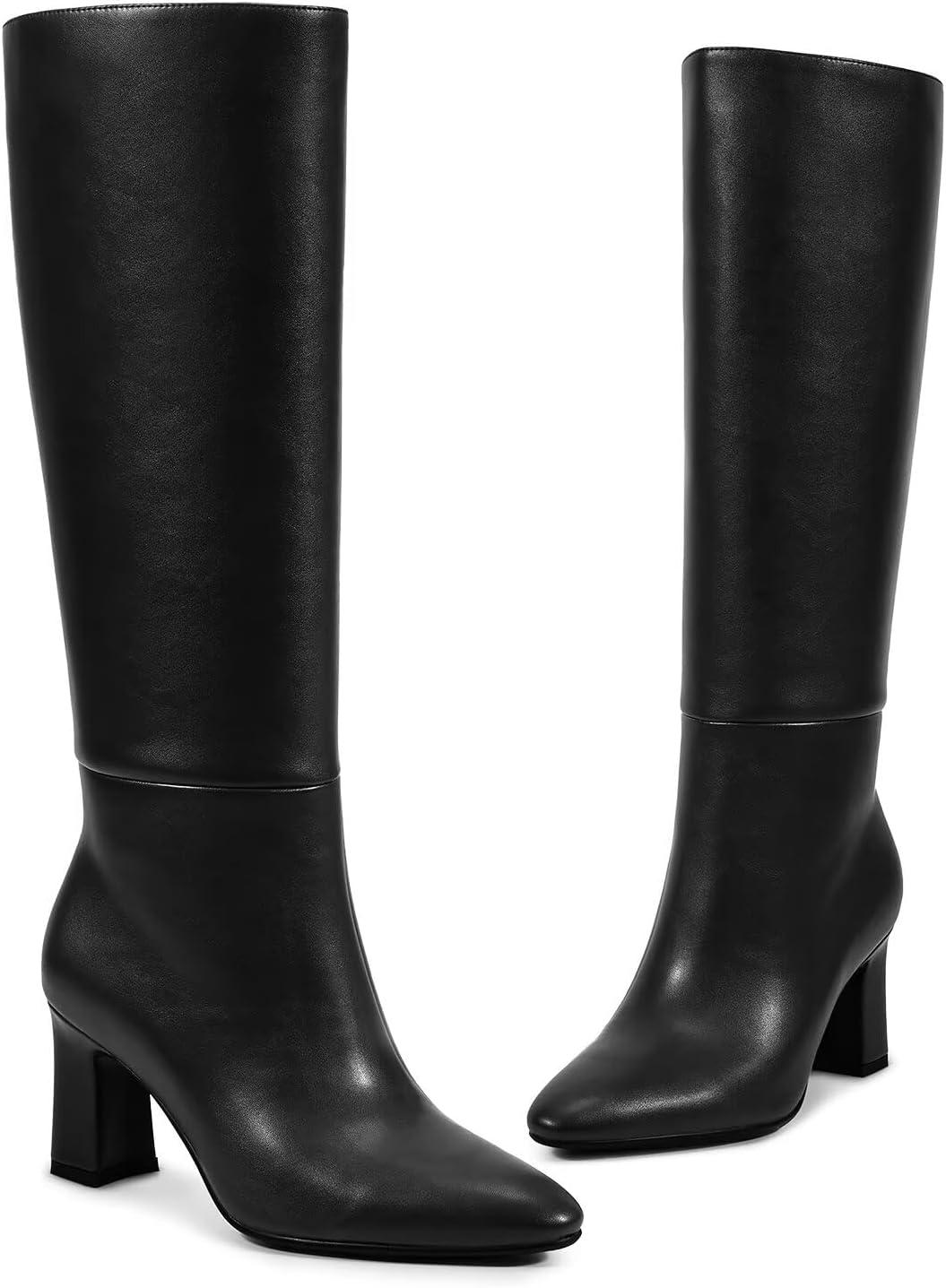 imagewetkiss Knee High Boots for Women Chunky Heel Round Toe Long Boots with Side Zipper and Elastic Band Design Almond Toe Dress Tall Boots Fashion Party Wedding DailyBlack