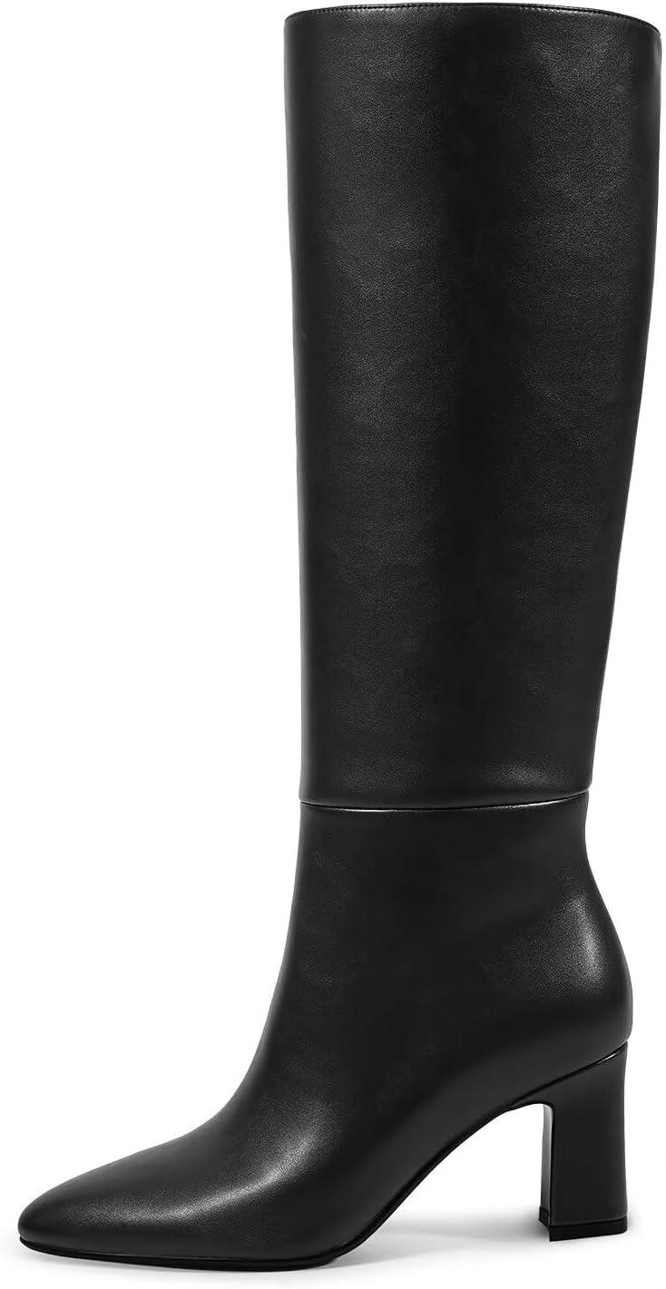 imagewetkiss Knee High Boots for Women Chunky Heel Round Toe Long Boots with Side Zipper and Elastic Band Design Almond Toe Dress Tall Boots Fashion Party Wedding DailyBlack