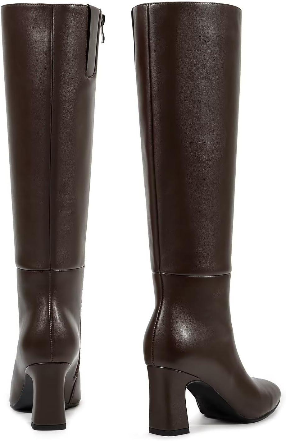 imagewetkiss Knee High Boots for Women Chunky Heel Round Toe Long Boots with Side Zipper and Elastic Band Design Almond Toe Dress Tall Boots Fashion Party Wedding DailyChocolate