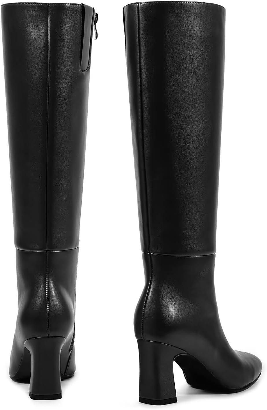 imagewetkiss Knee High Boots for Women Chunky Heel Round Toe Long Boots with Side Zipper and Elastic Band Design Almond Toe Dress Tall Boots Fashion Party Wedding DailyBlack