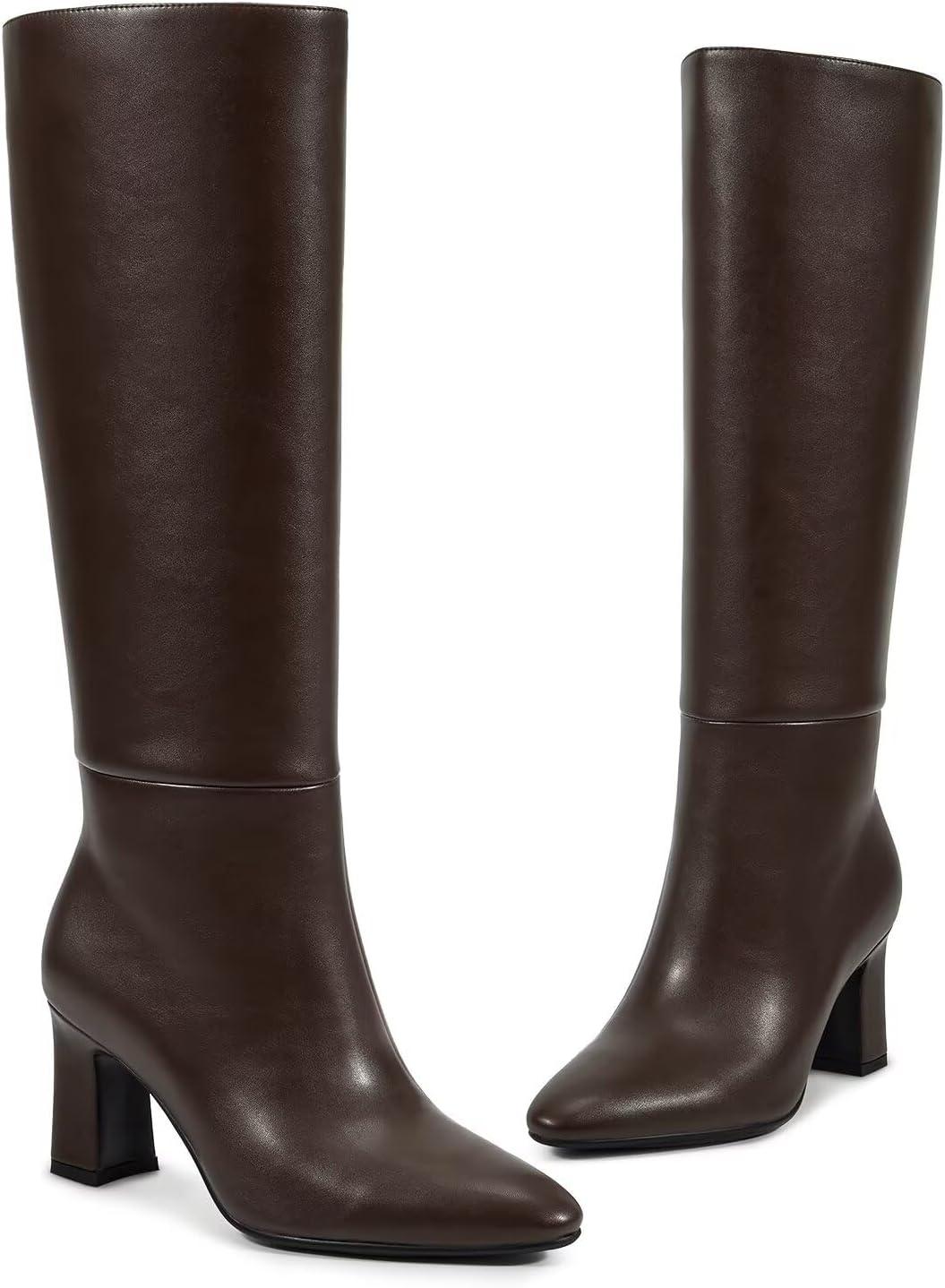 imagewetkiss Knee High Boots for Women Chunky Heel Round Toe Long Boots with Side Zipper and Elastic Band Design Almond Toe Dress Tall Boots Fashion Party Wedding DailyChocolate