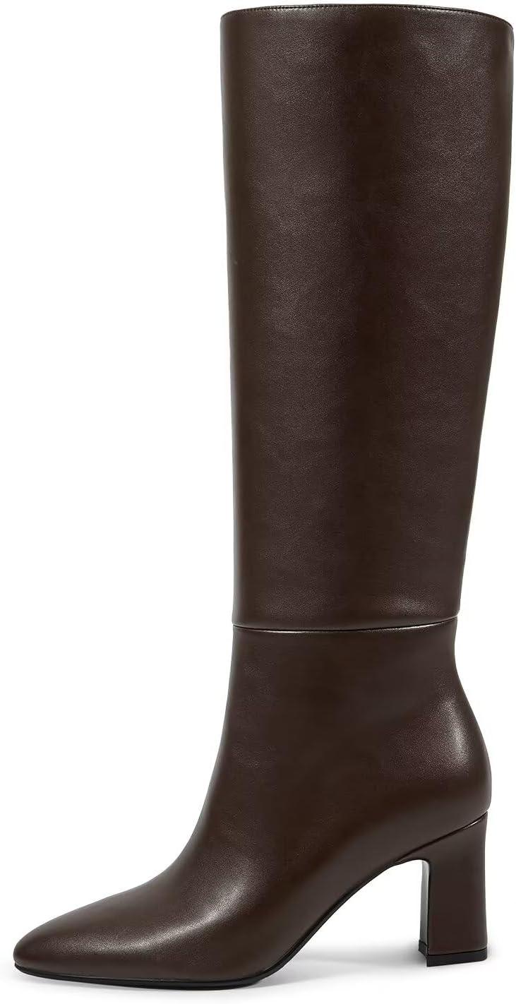 imagewetkiss Knee High Boots for Women Chunky Heel Round Toe Long Boots with Side Zipper and Elastic Band Design Almond Toe Dress Tall Boots Fashion Party Wedding DailyChocolate