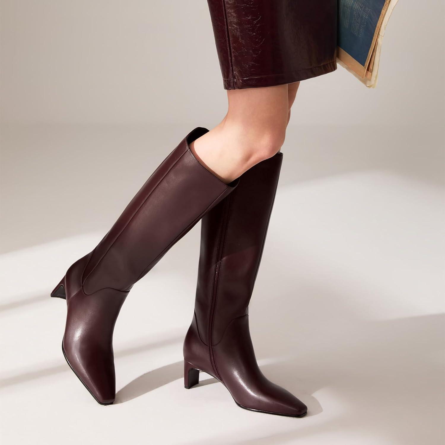imagewetkiss Knee High Boots for Women Kitten Heel Square toe Tall Boots with Full Side Zipper Low Heel Fashion Dress Long Boot Womens Fall Winter Boot for Date Party EventMatte Burgundy