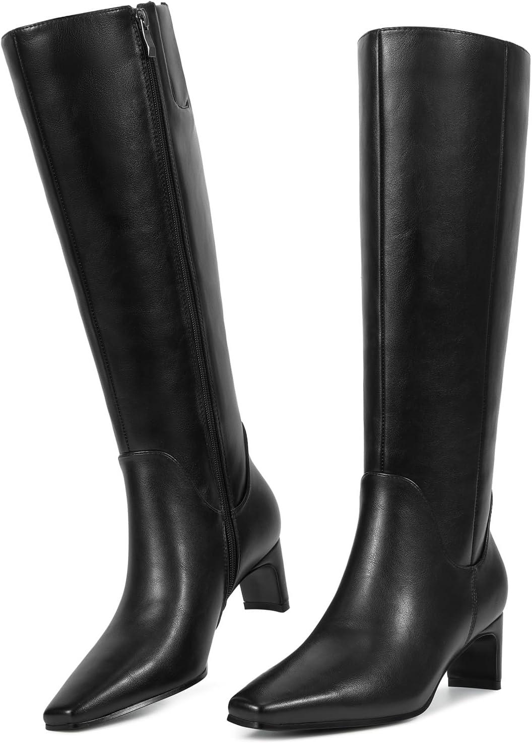 imagewetkiss Knee High Boots for Women Kitten Heel Square toe Tall Boots with Full Side Zipper Low Heel Fashion Dress Long Boot Womens Fall Winter Boot for Date Party EventMatte Black