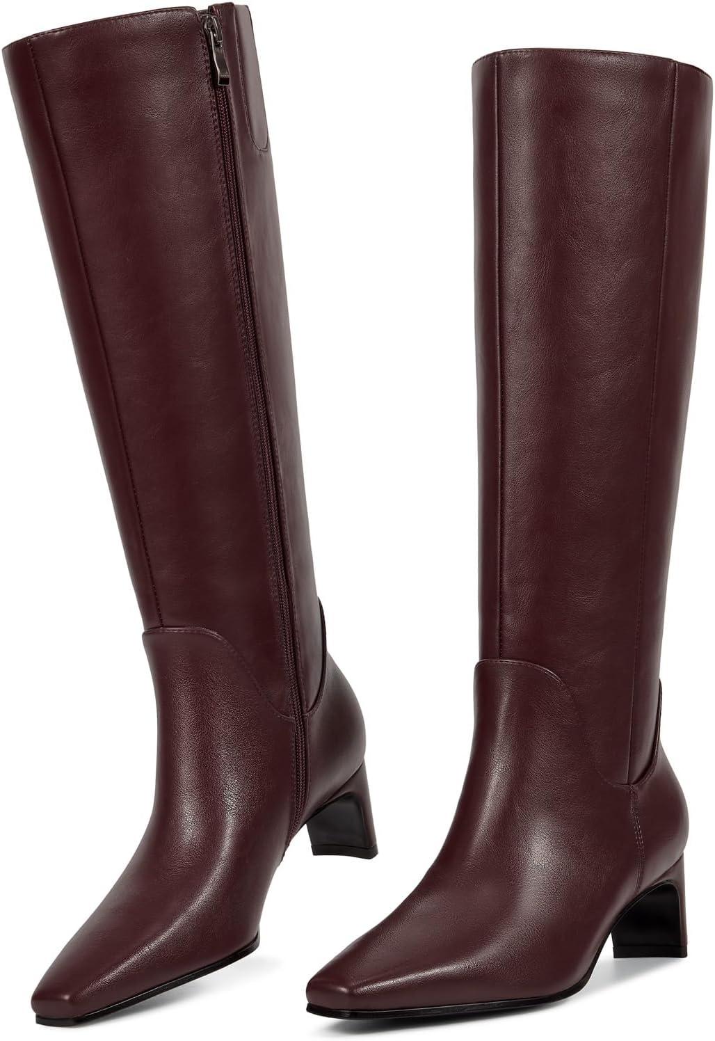 imagewetkiss Knee High Boots for Women Kitten Heel Square toe Tall Boots with Full Side Zipper Low Heel Fashion Dress Long Boot Womens Fall Winter Boot for Date Party EventMatte Burgundy