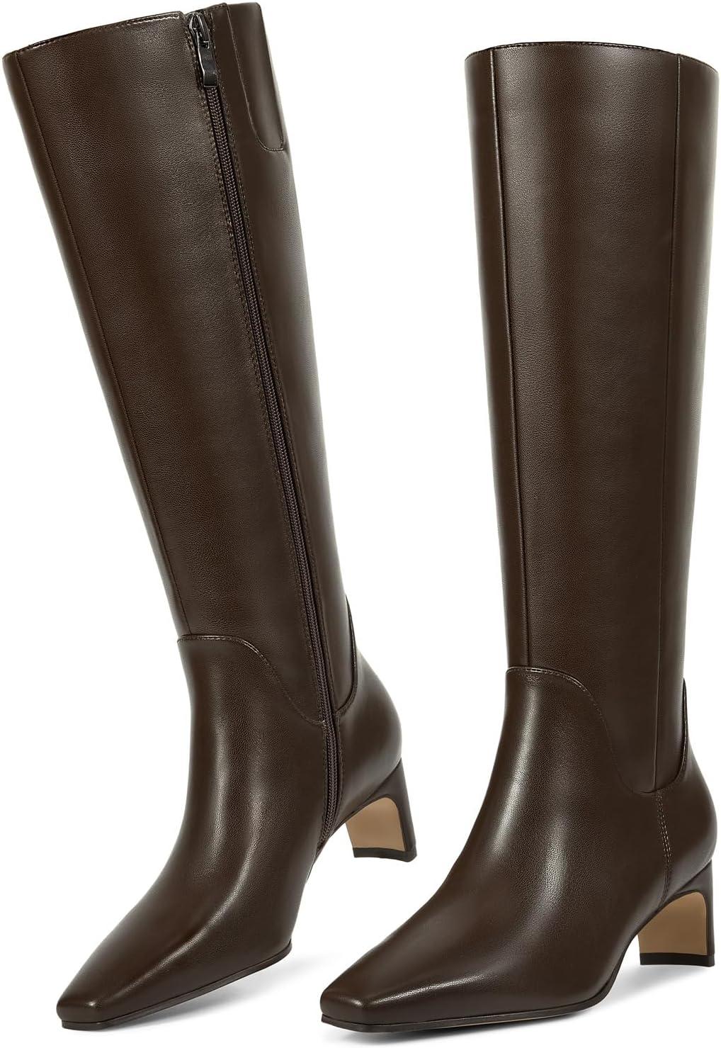 imagewetkiss Knee High Boots for Women Kitten Heel Square toe Tall Boots with Full Side Zipper Low Heel Fashion Dress Long Boot Womens Fall Winter Boot for Date Party EventChocolate Brown