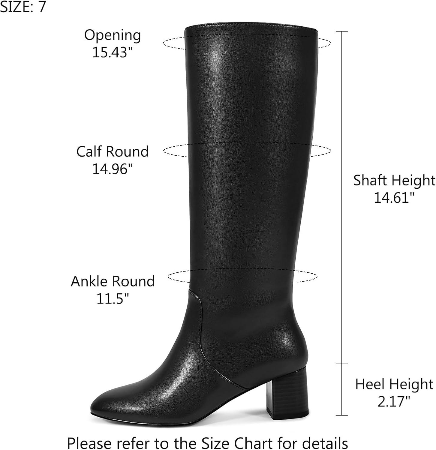 imagewetkiss Low Heel Knee High Boots for Women Regular Calf Friendly Side Zipper Almond Toe Faux Leather Comfortable Boots for Walking Dancing Standing for Long Periods With No PainBlack