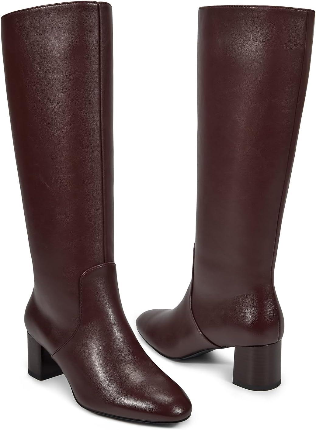 imagewetkiss Low Heel Knee High Boots for Women Regular Calf Friendly Side Zipper Almond Toe Faux Leather Comfortable Boots for Walking Dancing Standing for Long Periods With No PainBurgundy
