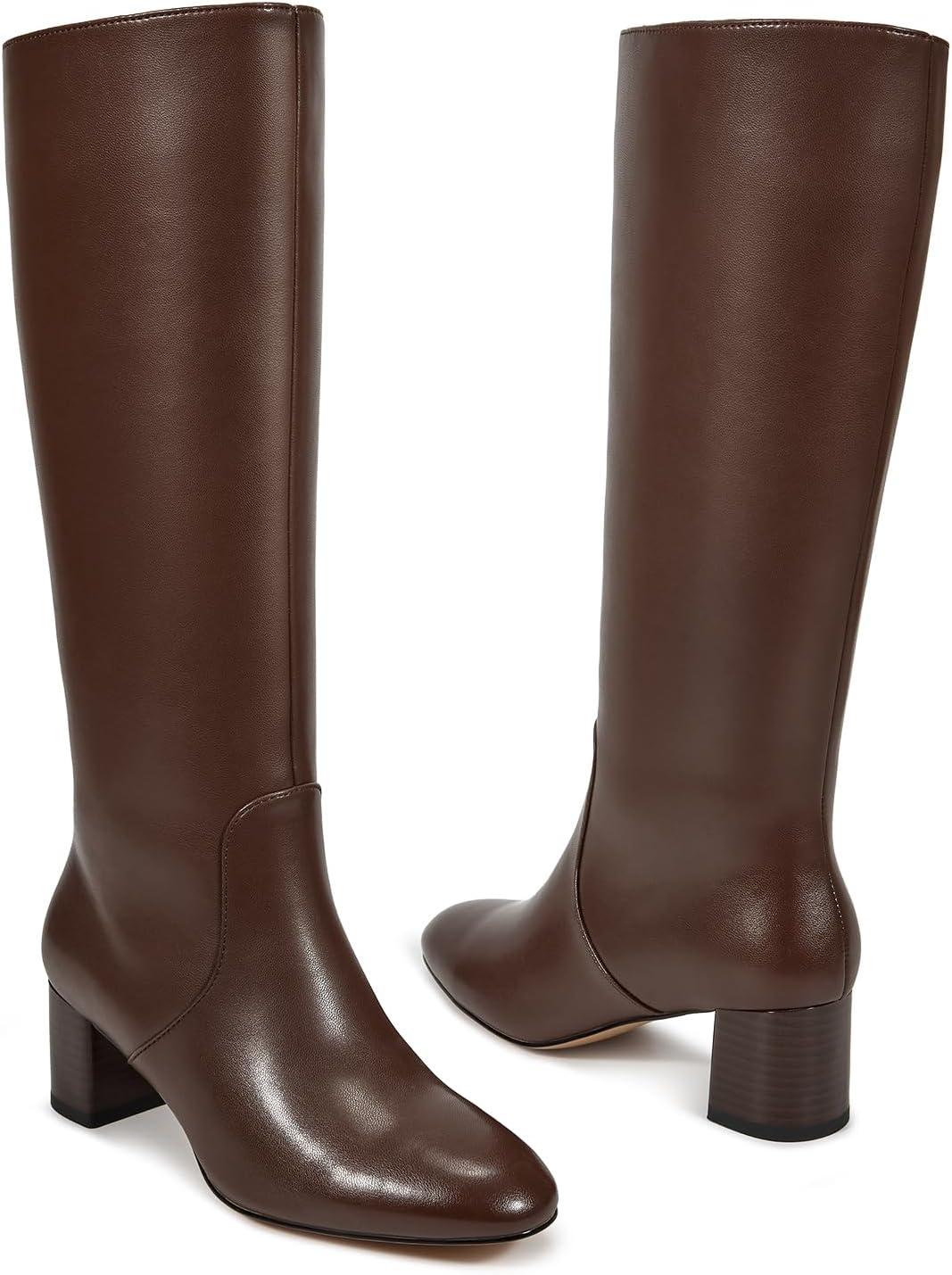 imagewetkiss Low Heel Knee High Boots for Women Regular Calf Friendly Side Zipper Almond Toe Faux Leather Comfortable Boots for Walking Dancing Standing for Long Periods With No PainBrown