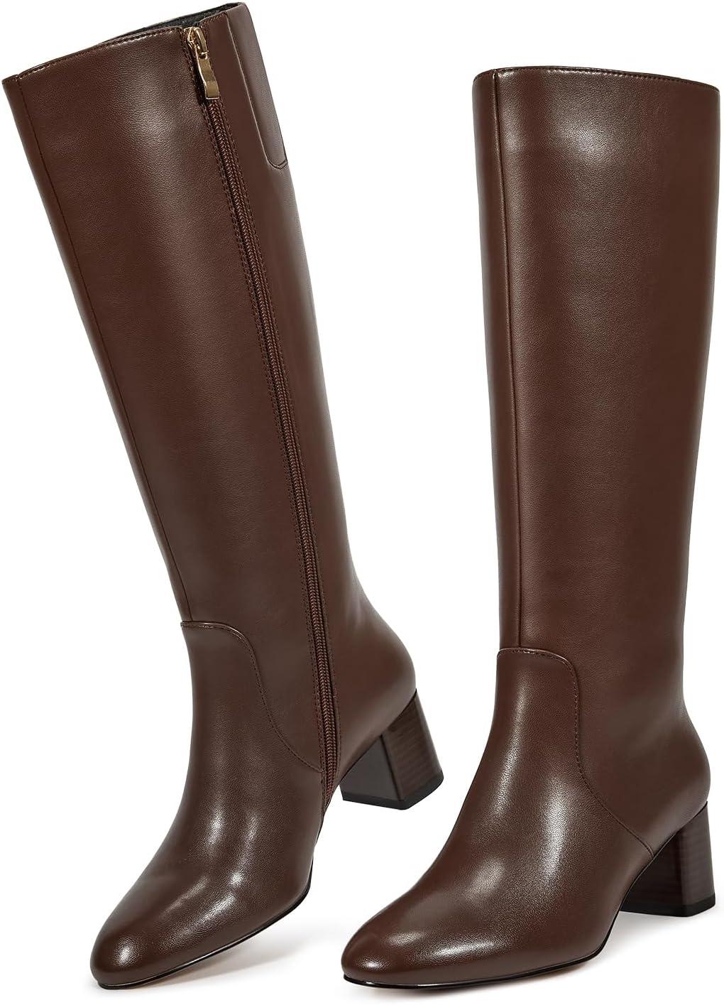 imagewetkiss Low Heel Knee High Boots for Women Regular Calf Friendly Side Zipper Almond Toe Faux Leather Comfortable Boots for Walking Dancing Standing for Long Periods With No PainBrown