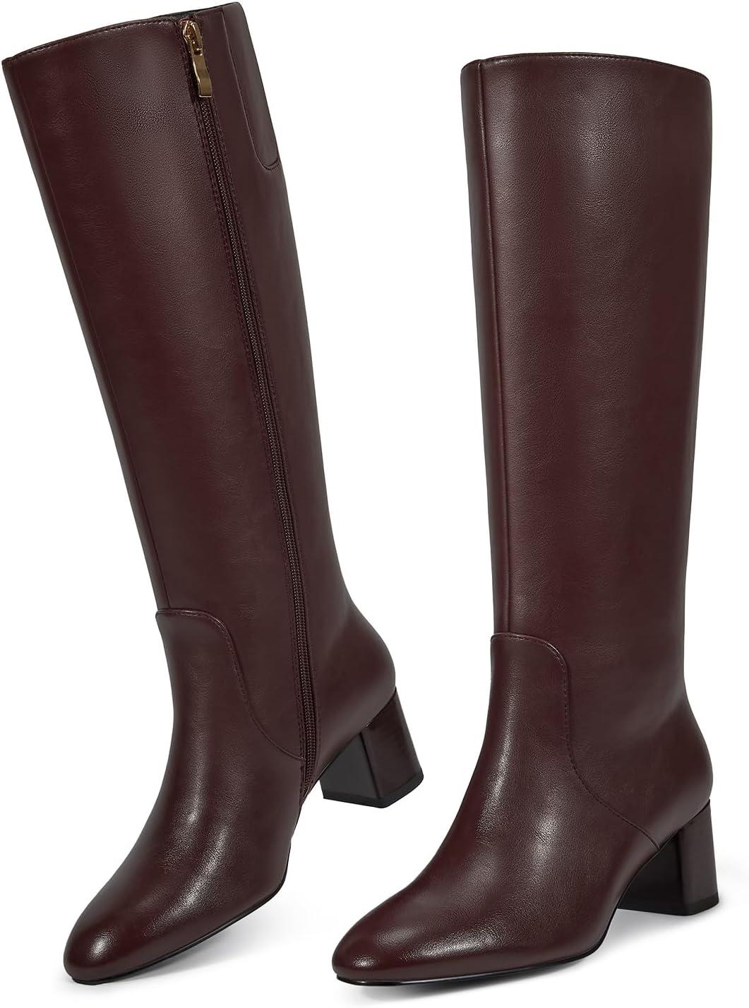 imagewetkiss Low Heel Knee High Boots for Women Regular Calf Friendly Side Zipper Almond Toe Faux Leather Comfortable Boots for Walking Dancing Standing for Long Periods With No PainBurgundy