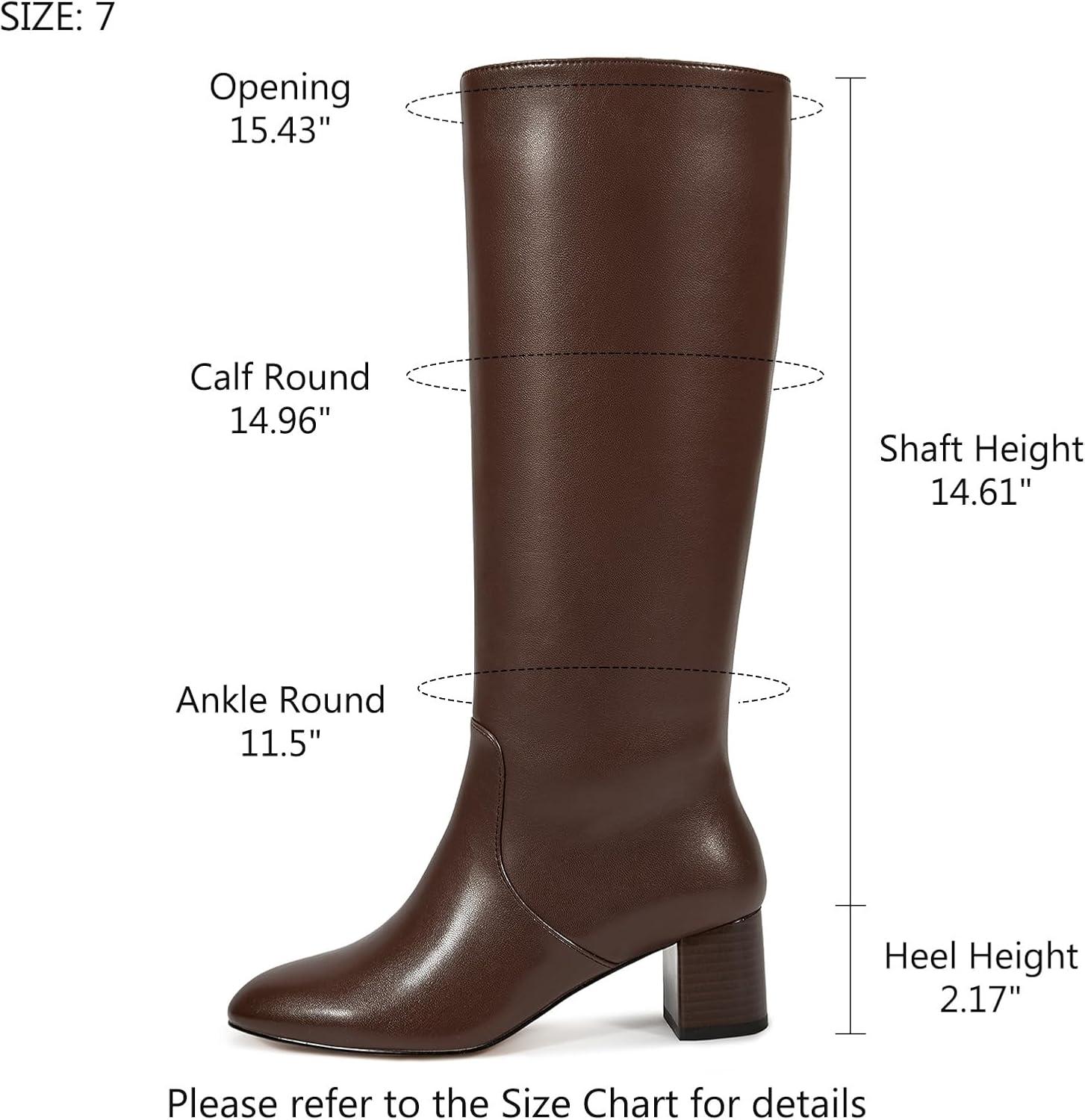 imagewetkiss Low Heel Knee High Boots for Women Regular Calf Friendly Side Zipper Almond Toe Faux Leather Comfortable Boots for Walking Dancing Standing for Long Periods With No PainBrown