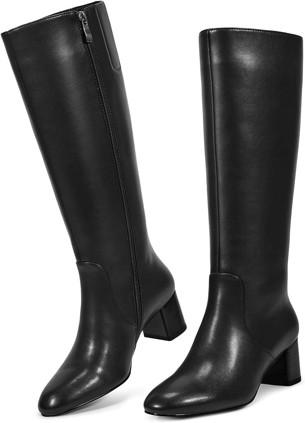 imagewetkiss Low Heel Knee High Boots for Women Regular Calf Friendly Side Zipper Almond Toe Faux Leather Comfortable Boots for Walking Dancing Standing for Long Periods With No PainBlack