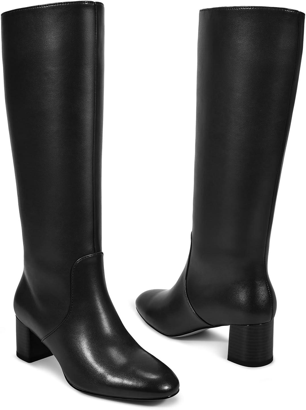 imagewetkiss Low Heel Knee High Boots for Women Regular Calf Friendly Side Zipper Almond Toe Faux Leather Comfortable Boots for Walking Dancing Standing for Long Periods With No PainBlack