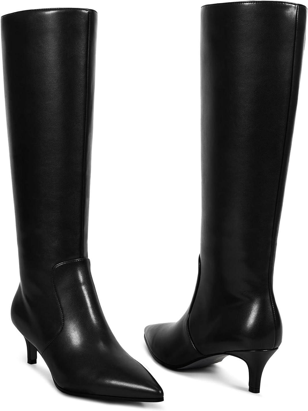 imagewetkiss Low Kitten Heel Women Knee High Boots Regular Calf Friendly Pointed Toe Faux Leather Comfortable Boots with ZipperBlack